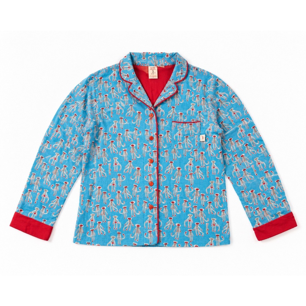 Munki Munki Blue Sock Monkey Print Flannel Pajama Top Red Trim Womens Medium
